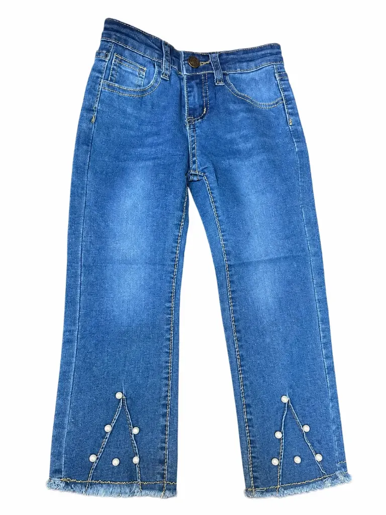 [lele ' 00399] JEAN NIÑA AZUL OSCURO BOTA ANCHA CON PERLAS (3 años)