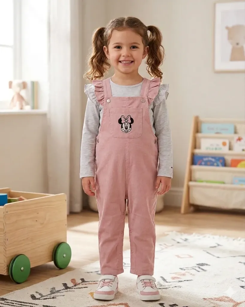 [LELE ' 00036] CONJUNTO DOS PIEZAS OVEROL ROSADO ESTAMPADO MINNI CON BUZO GRIS (3-6 meses)