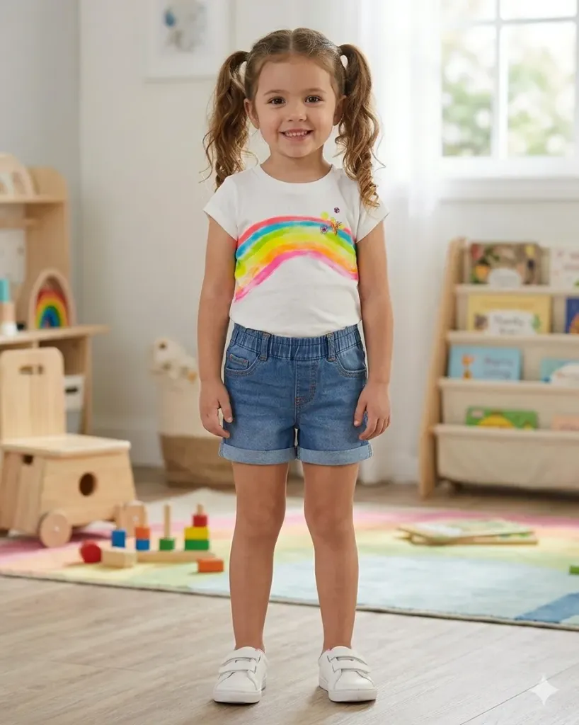 [LELE ' 00050] CONJUNTO DOS PIEZAS, SHOR JEAN ESTAMPADO FLOR Y CAMISETA BLANCA DE ARCOIRIS (6 años)
