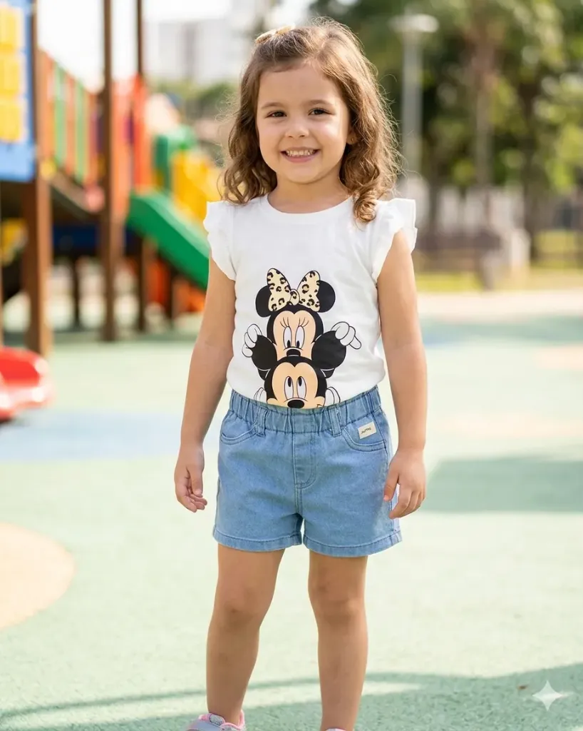 [LELE ' 00083] CONJUNTO DOS PIEZAS, SHOR JEAN SIN ENTAMPADO, CAMISA BLANCA MINNI, CON BALACA (2 años)