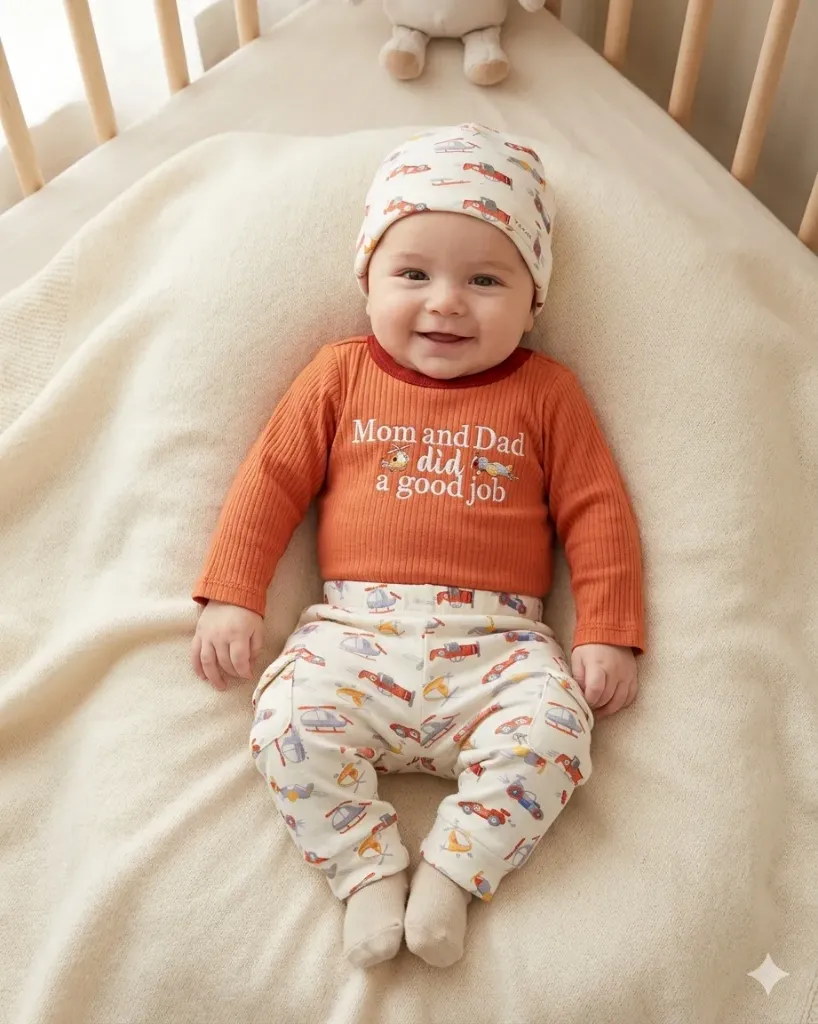 [LELE ' 00095] CONJUNTO CUATRO PIEZAS, SALMON  CON ESTAMPADO DE CARROS Y AVIONES, CON GORRO Y MEDIAS (0-3 meses)