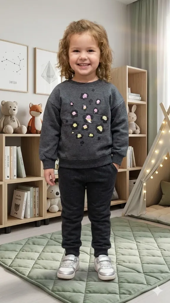 [LELE ' 00101] SUDADERA DOS PIEZAS, GRIS CON ESTAMPADOS EN FIGURAS BRILLANTES (6 años)