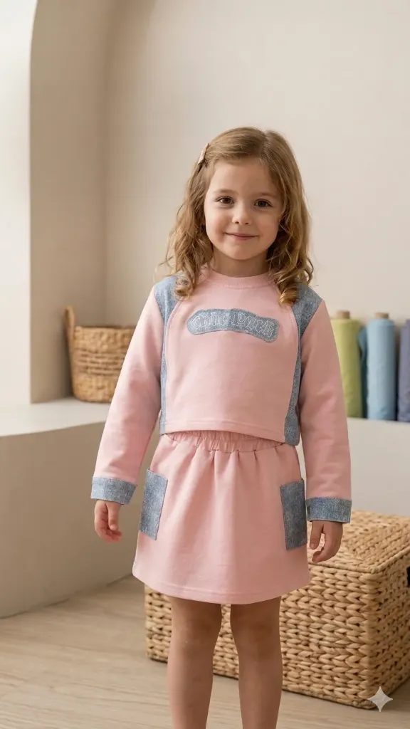 [LELE ' 00112] CONJUNTO DEPORTIVO DE DOS PIEZAS, CON BUZO ROSADO CON ESTAMPADO TIPO JEAN Y FALDA ROSADA TIPO JEAN (4 años)
