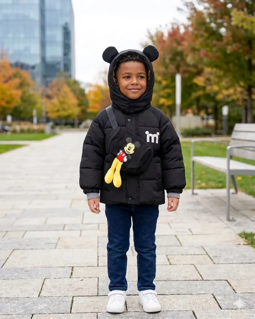 [LELE ' 00121] CHAQUETA NIÑO NEGRAN, ESTAMAPADO MICKY CON BALSO, CAPOTA Y PIES MUÑECO TRASEROS (2 años)