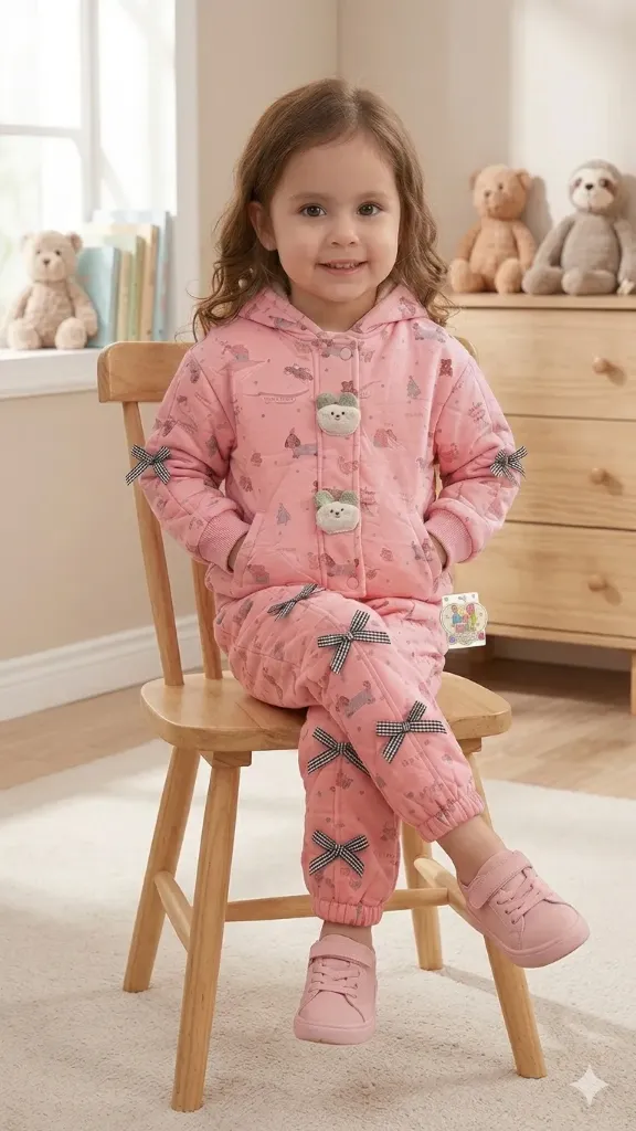 [LELE ' 00129] SUDADERA DOS PIEZAS, ROSADA, CHAQUETA CON OSOS, ESTAMPADA PERRO (2 años)