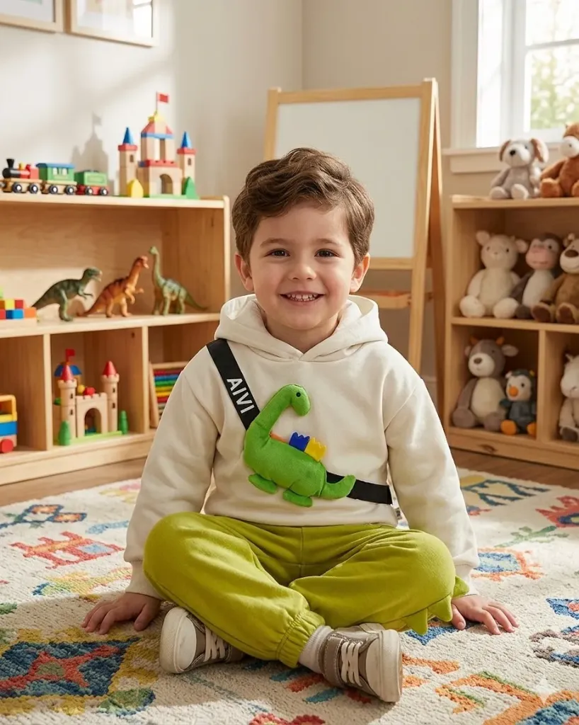 [LELE ' 00134] SUDADERA 2 PIEZAS, CHAQUETA BEIG CON DINOSAURIO, PANTALON VERDE (2 años)