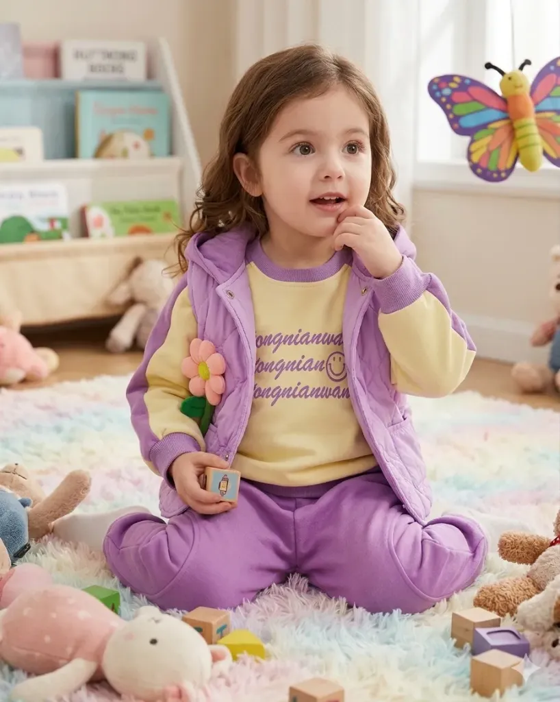 [LELE ' 00144] CONJUNTO TRES PIEZAS MORADO, CON CHALECO CON FLOR, BUSO BEIG (2 años)