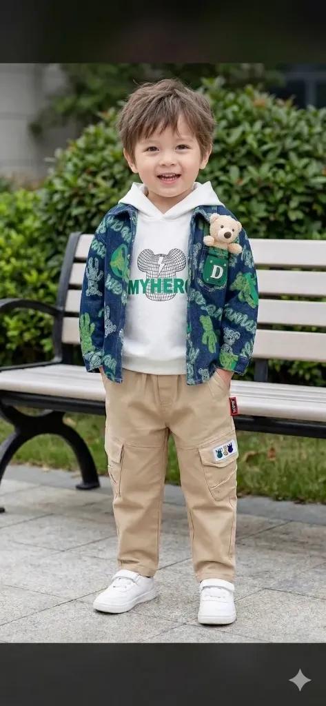 [LELE ' 00152] CONJUNTO TRES PIEZAS NIÑO, CHAQUETA JEAN, ESTAMPADO OSO VERDE Y PANTALON BEIG Y BUSO BEIG (2 años)