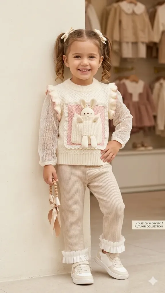 [LELE ' 00167] CONJUNTO NIÑA TRES PIEZAS, COLOR CREMA PASTEL PANTALON BOTACAPAMPANA EN PANA, BLUSA ELEGANTE, CHALECO EN HILO CON OSO EN BOLSITO (2 años)