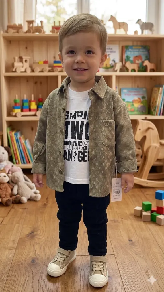 [LELE ' 00176] CONJUNTO NIÑO, TRES PIEZAS, CHAQUETA CAFÉ ESTAMPADO U, CON JEAN AZUL Y BUSO TWO (2 años)