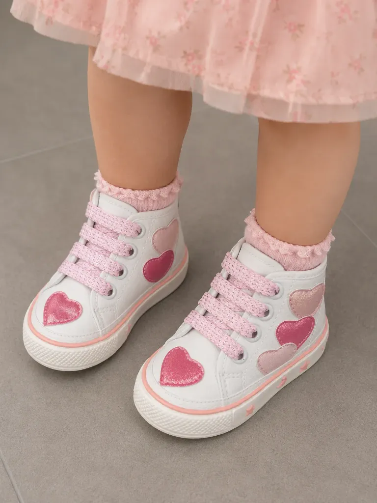 [LELE ' 00191] TENNIS NIÑA EN BOTA BLANCO CON CORAZONES ROSADOS (17)